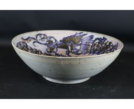 **Large Decorative Fruit / Centre Ceramic Bowl with Intricate Hand-Painted Dragon Design**Designed by Peter Vost, signed to t