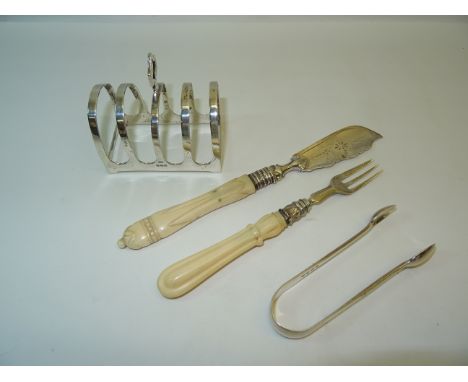 A silver four division Toast Rack, early Victorian silver bladed and bone handled butter knife, similar three pronged fork an