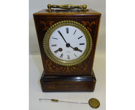 A late 19th Century French Mantel Clock, the white dial inscribed 'Henry Marc, Paris' in inlaid rosewood case, 8" (20cms) hig