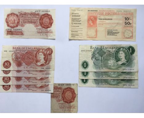 A 10/- Postal Order 29th December 1970, together with an O'Brien Britannia Issue 10/- note, plus four series C portrait 10/- 