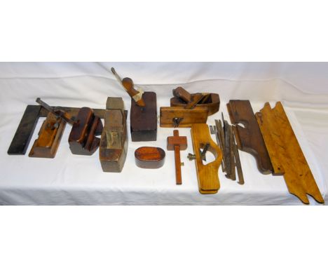 A number of old wood working Tools, mahogany grease box etc. 