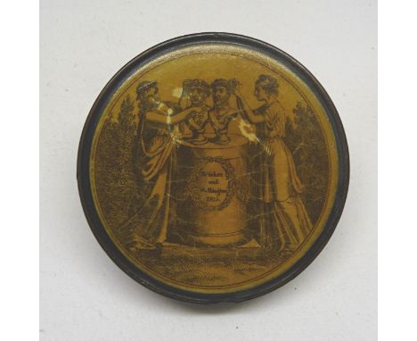 A 19th Century circular papier mache Snuff Box celebrating the victory of Wellington and Blucher over Napoleon, The Battle of