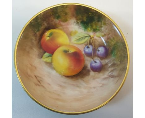 A Royal Worcester Pin Dish painted with apples and cherries, signed.   3 1/4" (8cms) diameter.