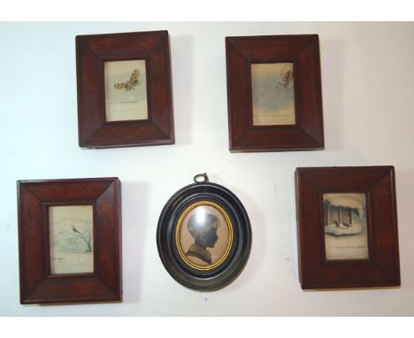 A series of four Baxter Prints of the Seasons, 2 1/2" (6cms) x 2" (5cms) and an oval silhouette portrait of a boy with gilt h