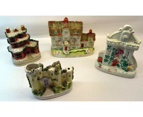 A Victorian Staffordshire pottery flat back Mantel Ornament "Potash Farm", a Staffordshire model of a castle entrance with cl
