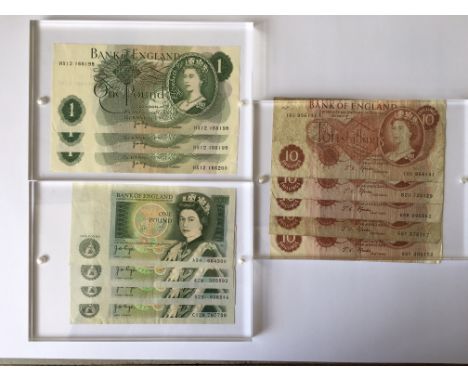 Five Series C Portrait Fforde 10/- notes, plus three page £1 notes consecutive, and four series D portrait page £1 notes.   (