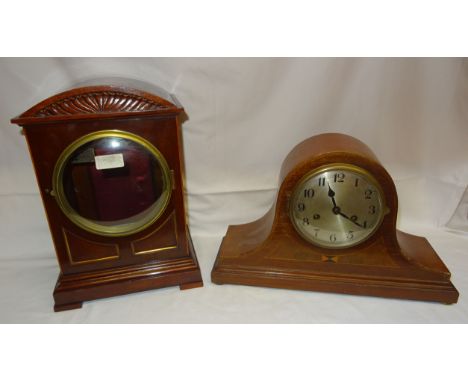 A Mantel Clock with steel dial and inlaid mahogany domed case, 10" (26cms) high, an early 20th Century mantel clock case and 