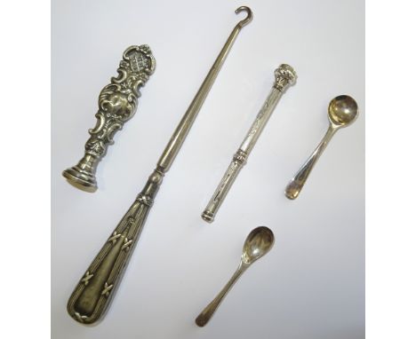 An Edwardian silver handled Desk Seal, Birmingham 1907, maker Sydney & Co, an engraved silver pencil, silver handled button h