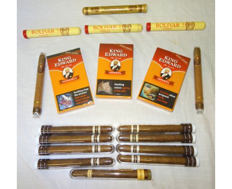 A number of Cuban Cigars including Cristales, Bolivar and Vasco Da Gama and two unopened packs of five King Edward cigars.