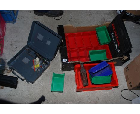 A quantity of lin bin storage boxes and Makita power tool box.