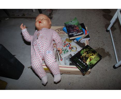 A box containing lace making kit, large vintage doll, books etc.