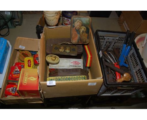 Two boxes of mixed tins and a box of old tools, hand chisel etc.