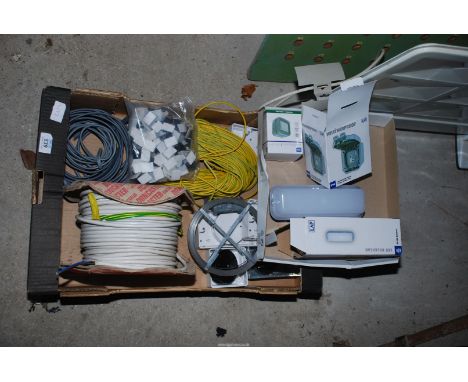 A box of electric cable, sockets, LED bulk head light etc.