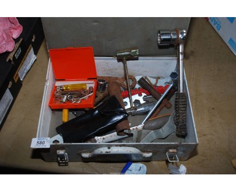 A metal tool box with sockets and mixed tools.