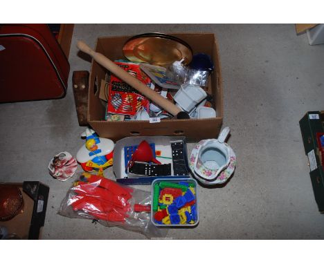 Miscellaneous toys, Fisher Price, jug, rolling pin, 2 x Christmas plates etc.