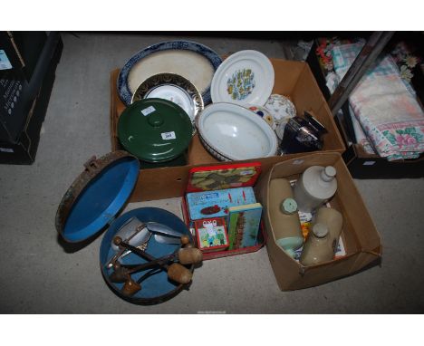 Two boxes of china, 2 stoneware hot water bottles, vintage tins etc.