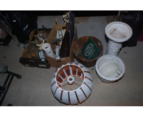Two boxes of glass vases, large light shade, white jardiniere on stand , scales, chamber pot etc.