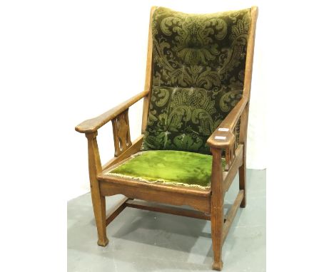 Oak framed button back upholstered armchair. Not available for in-house P&amp;P, contact Paul O'Hea at Mailboxes on 01925 659