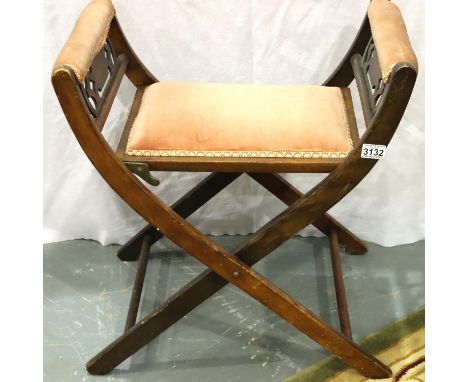 Folding Victorian mahogany X frame stool. Not available for in-house P&amp;P, contact Paul O'Hea at Mailboxes on 01925 659133