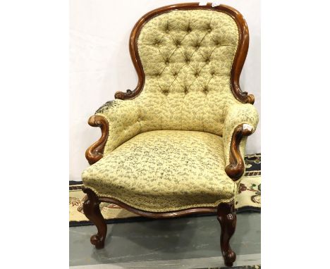 Walnut framed button back armchair with cabriole legs. Damage to upholstery on arm. Not available for in-house P&amp;P, conta