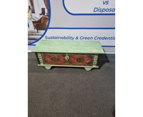 Craftsmen Indian Hand-Carved And Painted Trunk With Patina Distressed Look With Chain Lid 116 X40 x 45cm  (JH915-72) 