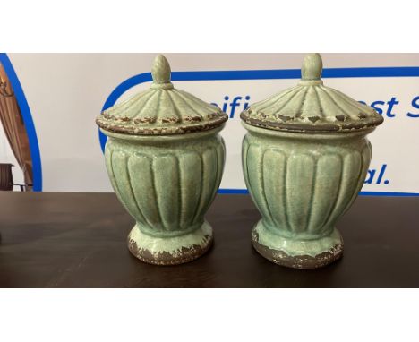 { Option of lots:  800 } 2 x Glazed Ceramic  Urns with lid . Beautiful pair of Urns featuring a ridged pattern with a greenis
