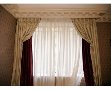 A pair of Silk Custom Hand Woven Silk Drapery gold and burgundy fully lined Buckram curtain headings plain jabots Span 250 x 