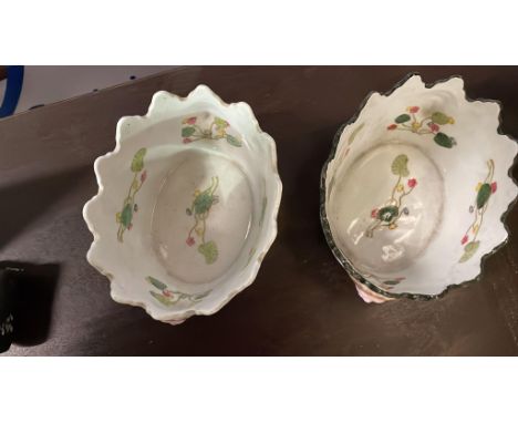 2 x Ceramic oviod form bowls with serated top decroated with masks, birds and flowers  90 (H) X 200 (D) x 400 (W) (SR508)