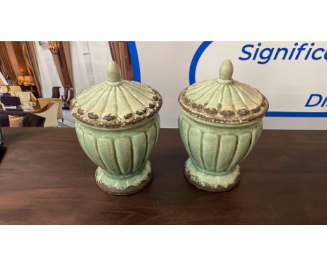{ Option of lots:  801 } 2 x Glazed Ceramic  Urns with lid . Beautiful pair of Urns featuring a ridged pattern with a greenis