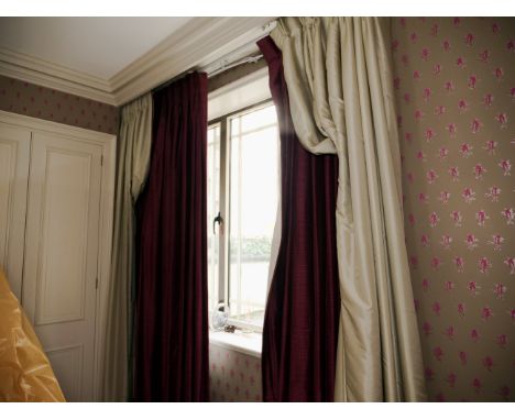 2 x  pairs of Silk Custom Hand Woven Silk Drapery gold and burgundy fully lined Buckram curtain headings plain jabots Span 25
