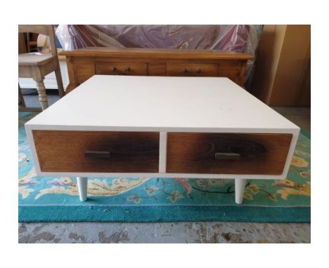 { Option of lots:  439 } Vanilla Retro Square Coffee Table Walnut Veneer Front Panel And Gloss White 2 Drawers The Clean Mode