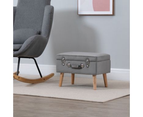 Ottoman Trunk Grey Upholstered Tufted Top With Wooden Legs An Storage Bench In The Form Of A Suitcase Overall Dimension: 51W 