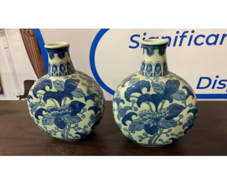 A pair of Porcelain Moon Flask Vase blue and white floral pattern 210mm H (SR515)