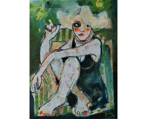 Paul Martinez-Frias (Welsh School Contemporary, b.1929), Portrait of a Lady Smoking a Cigarette, oil on canvas, signed and da