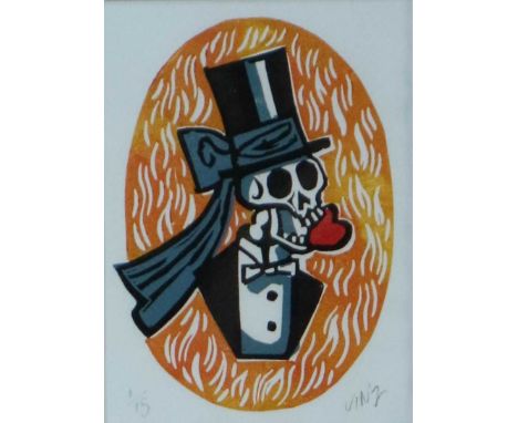 Chris Vince (British Contemporary), Limited Edition Print of a skeleton in a tuxedo and top hat, signed bottom right, numbere