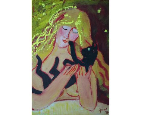 Paul Martinez-Frias (Welsh School Contemporary, b.1929), Portrait of a Lady with a Black Cat, oil, signed Frias and dated '95