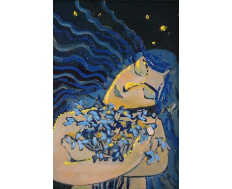 Paul Martinez-Frias (Welsh School Contemporary, b.1929), Portrait of a Lady holding a Blue Bouquet, oil on board, signed and 