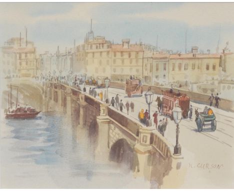 K**Curson (20th century)  Horse Trams crossing a Bridge  signed, watercolour, 20cm x 25cm 