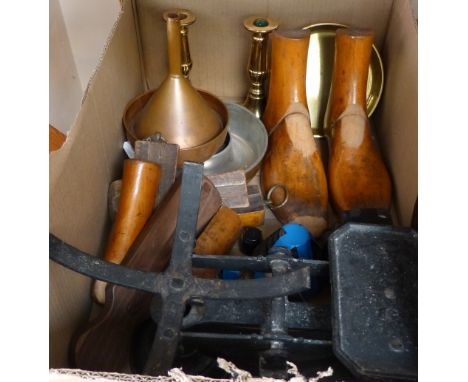 Set of scales with various weights, brass candlesticks, copper funnel, etc.