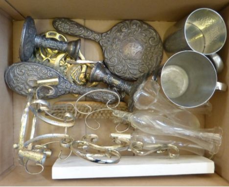 Plated epergne together with silver backed brush and mirror set, pair of silver candlesticks, etc.