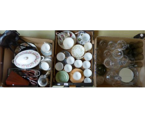 Pair of lead crystal decanters, various glassware, Royal Albert cups and saucers, German lidded stein, quantity of cutlery et