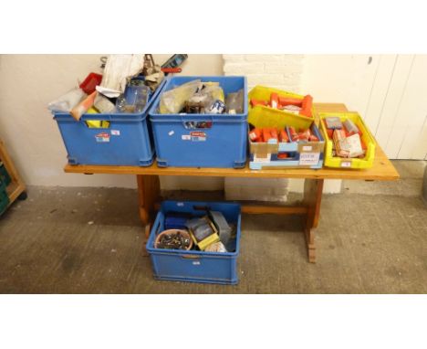 Large quantity of various sized drill bits, various hand tools, nuts, bolts, electrical connectors etc.