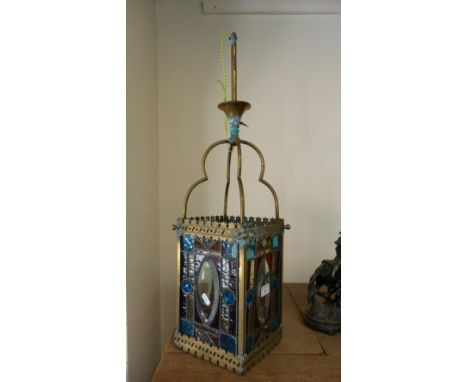 Victorian brass framed and coloured leaded glass hall ceiling lantern