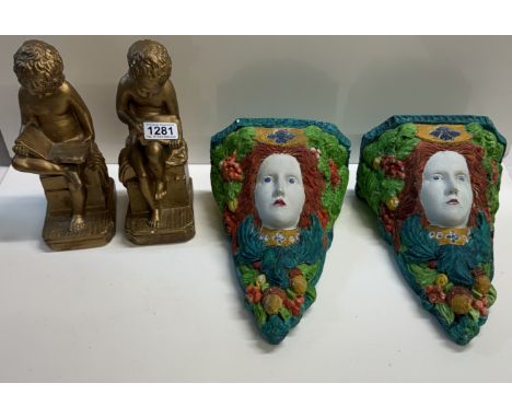 A pair of vintage Corbels (Wall brackets) &amp; A pair of 1930s bookend cherubs reading books