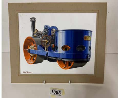 A Ken Rush gouache painting of a steam road roller by Aveling X Porter Rochester