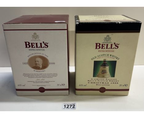 2 boxed Bells limited edition Scotch whiskey decanters 1998 &amp; 2000