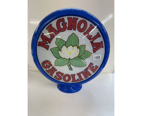 A large reproduction magnolia gasoline petrol pump globe with glass panels. Height 42cm, width 42cm, base 15cm