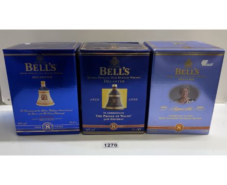3 boxed Bells extra special old Scotch whiskey, decanters all aged 8 years, Prince of Wales 50th Golden Anniversary, Queen Mo