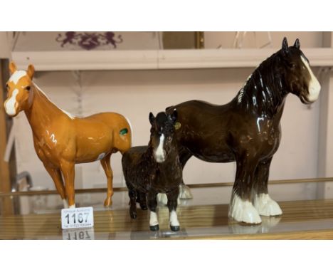 3 Beswick horses, Shire &amp; small horse have chipped / repaired ears. Light brown undamaged.