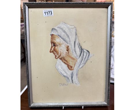 A portrait of an elderly lady signed Sharif. 42 x 32 cm.